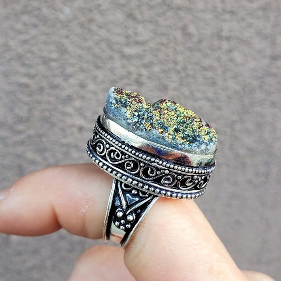 New Titanium Druzy 925 Silver Statement Ring. - Picture 4 of 12